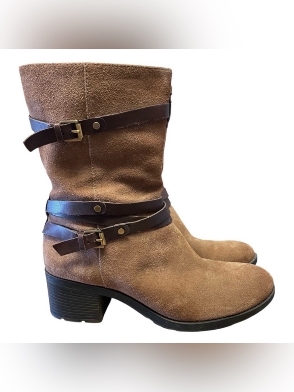 BANDOLINO Women's Boho Brown Suede Leather Buckle Mid Calf Ursal Moto Boots Sz 9